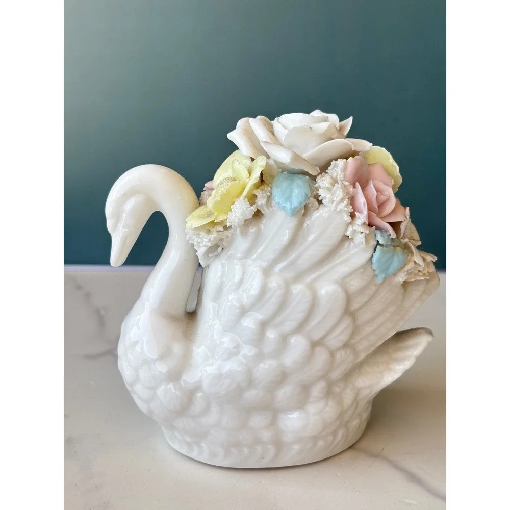 Vintage Porcelain Swan Figurine Applied Pastel Flowers